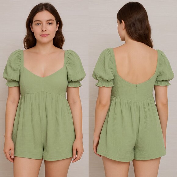 Princess Polly Women's 6 Green Textured Short Sleeve Sweetheart Neck Romper - Picture 1 of 5